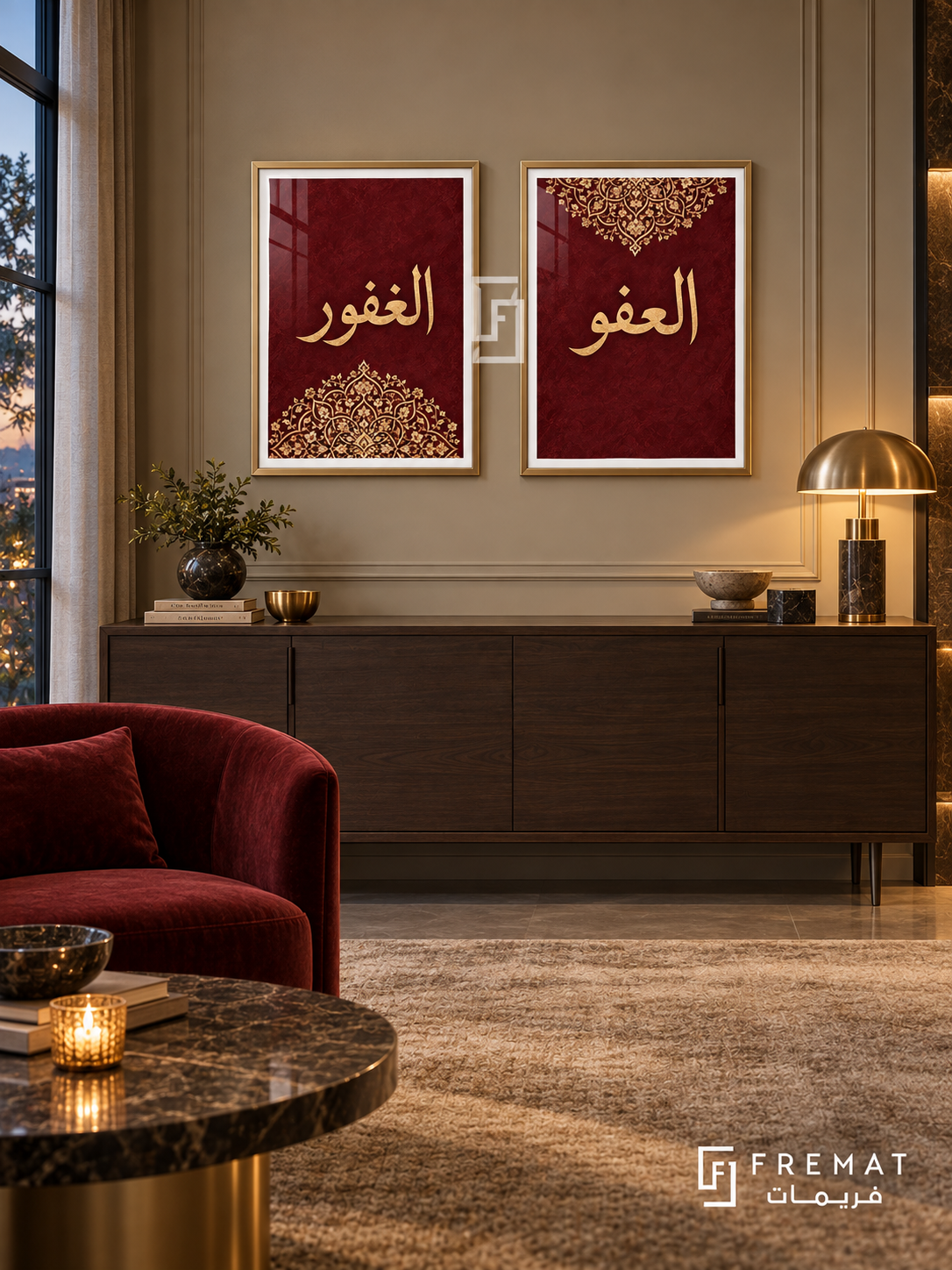 Pardon — set of two Islamic calligraphy artworks in Gold frames.