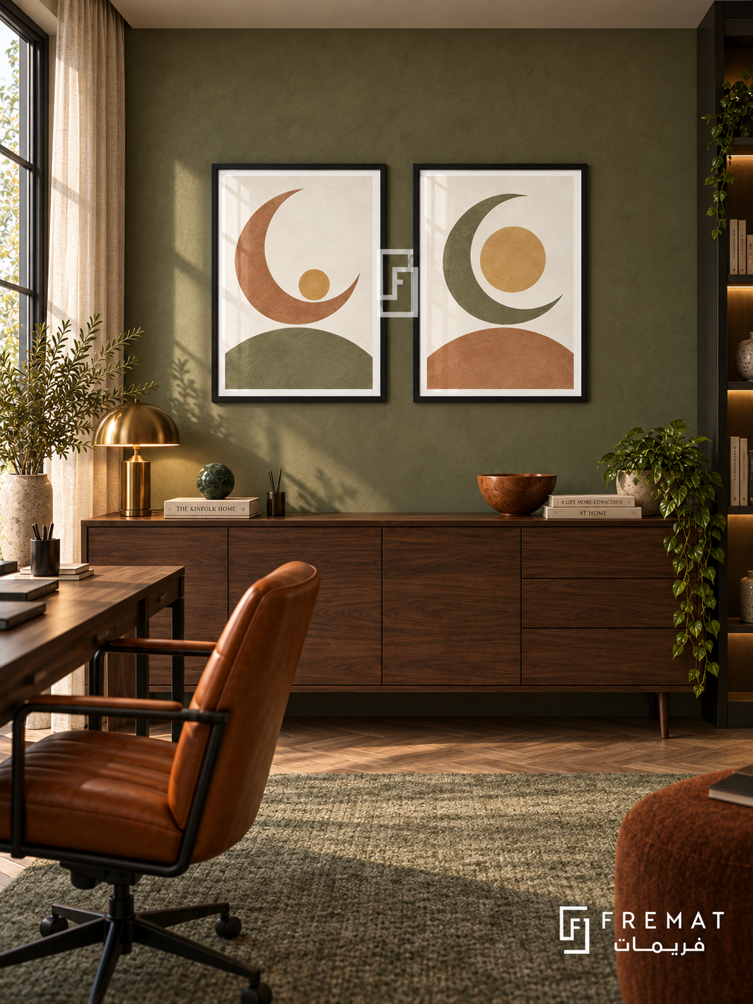 Moonlit Balance — set of two boho artworks in Black frames.