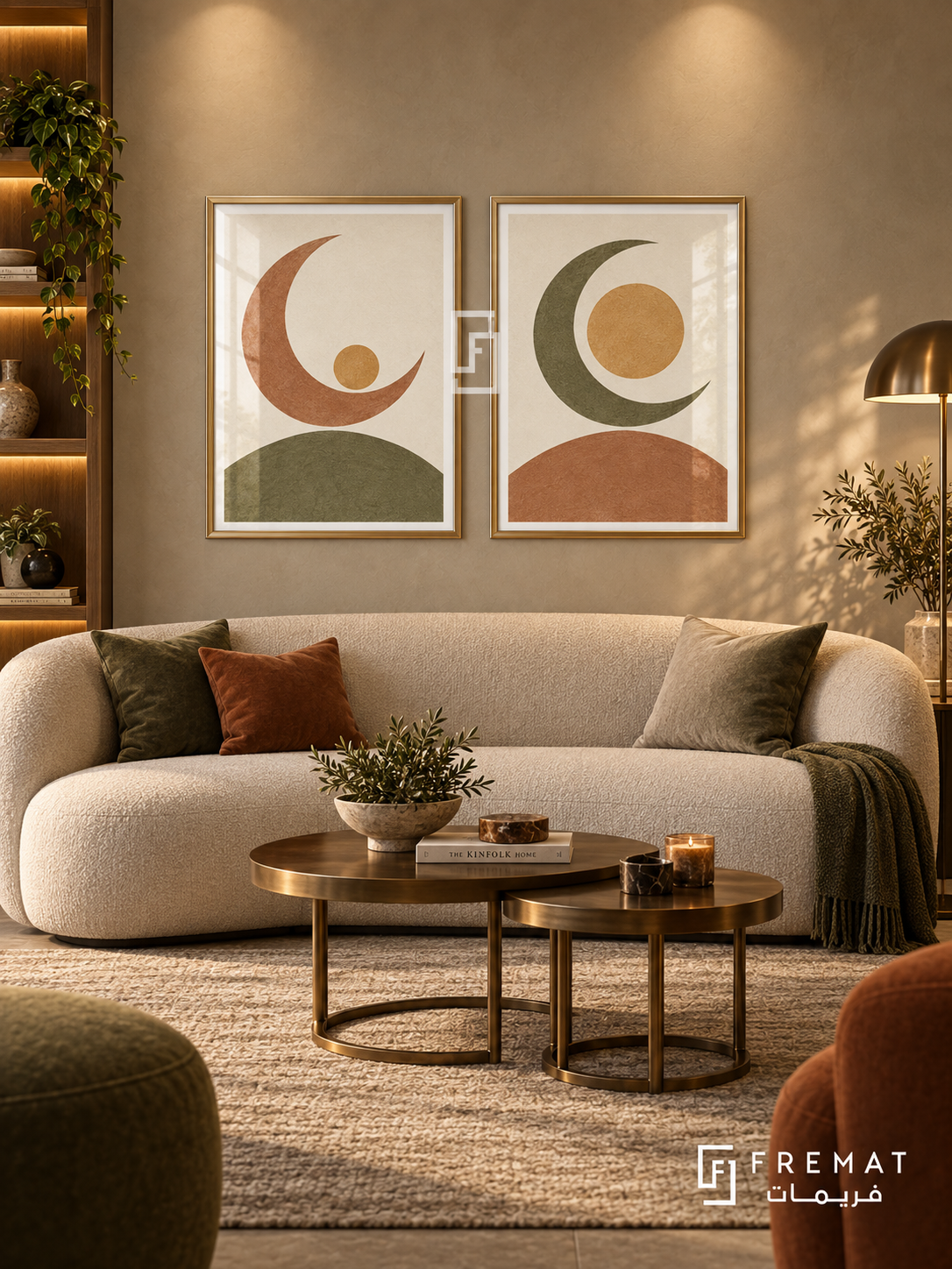 Moonlit Balance — set of two boho artworks in Gold frames.