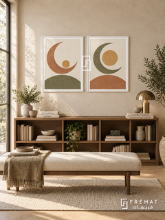 Moonlit Balance — set of two boho artworks in White frames.