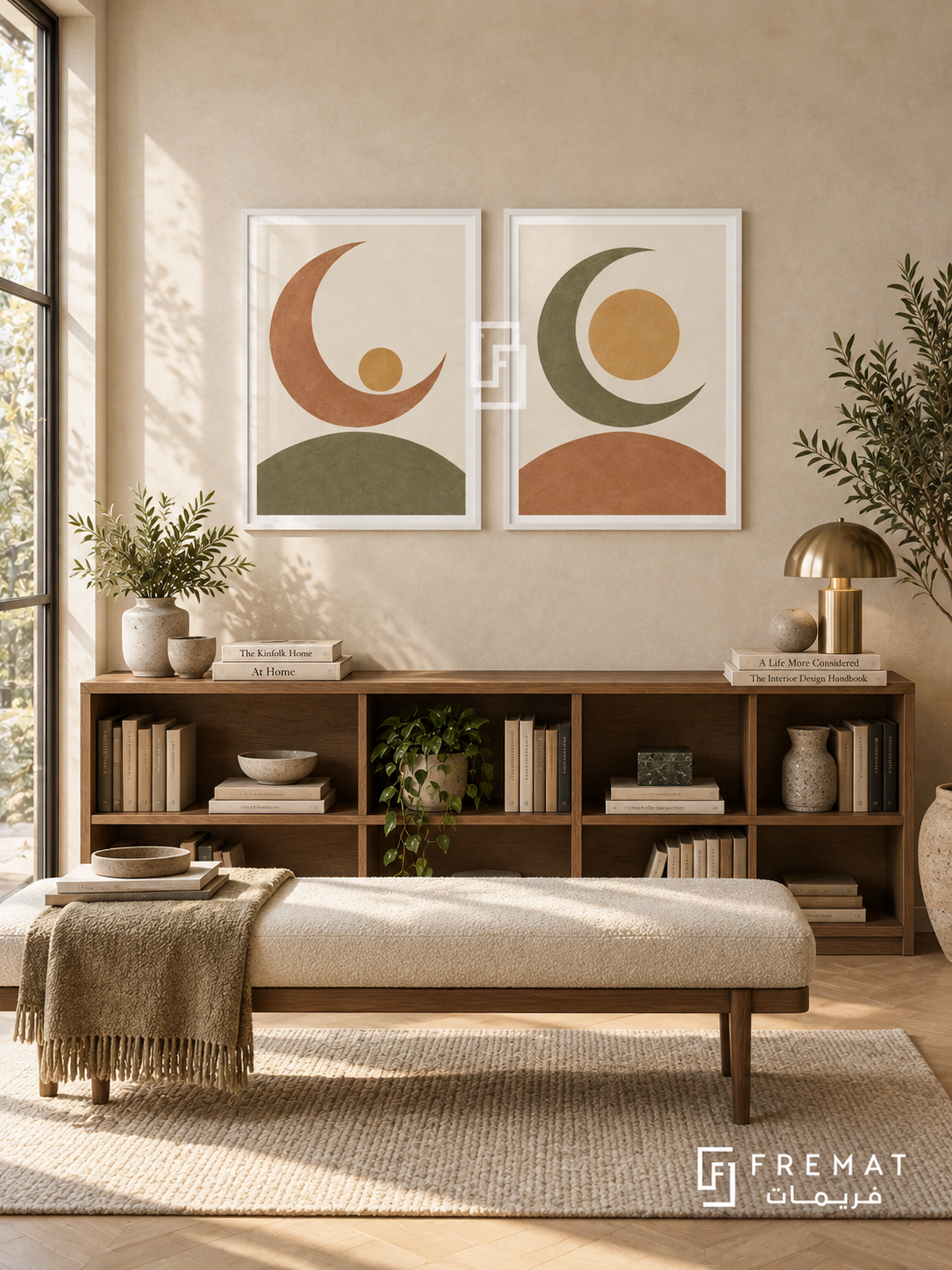 Moonlit Balance — set of two boho artworks in White frames.