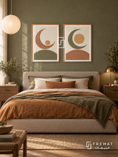 Moonlit Balance — set of two boho artworks in Wooden Texture frames.