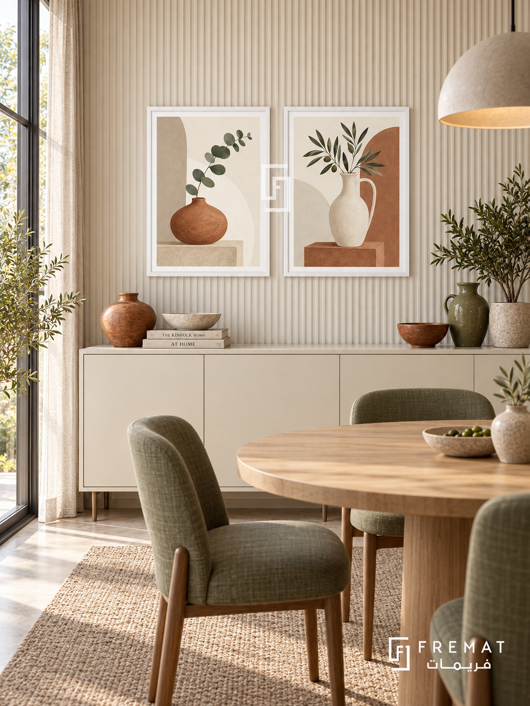 Quiet Vessels — set of two boho artworks in White frames.