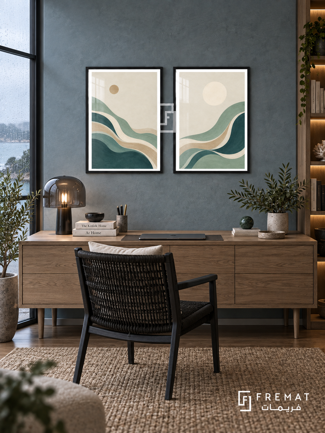 Tidal Rhythm — set of two boho artworks in Black frames.