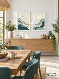 Tidal Rhythm — set of two boho artworks in White frames.