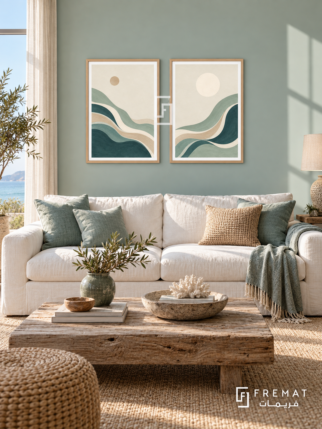 Tidal Rhythm — set of two boho artworks in Wooden Texture frames.