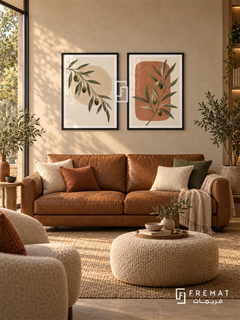 Olive Conversation — set of two boho artworks in Black frames.