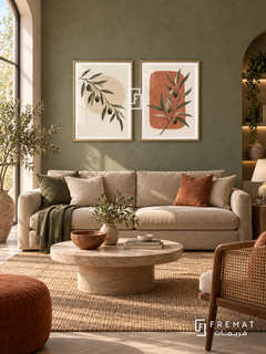 Olive Conversation — set of two boho artworks in Gold frames.