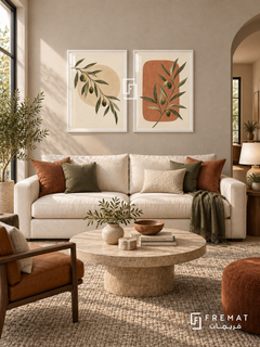 Olive Conversation — set of two boho artworks in White frames.
