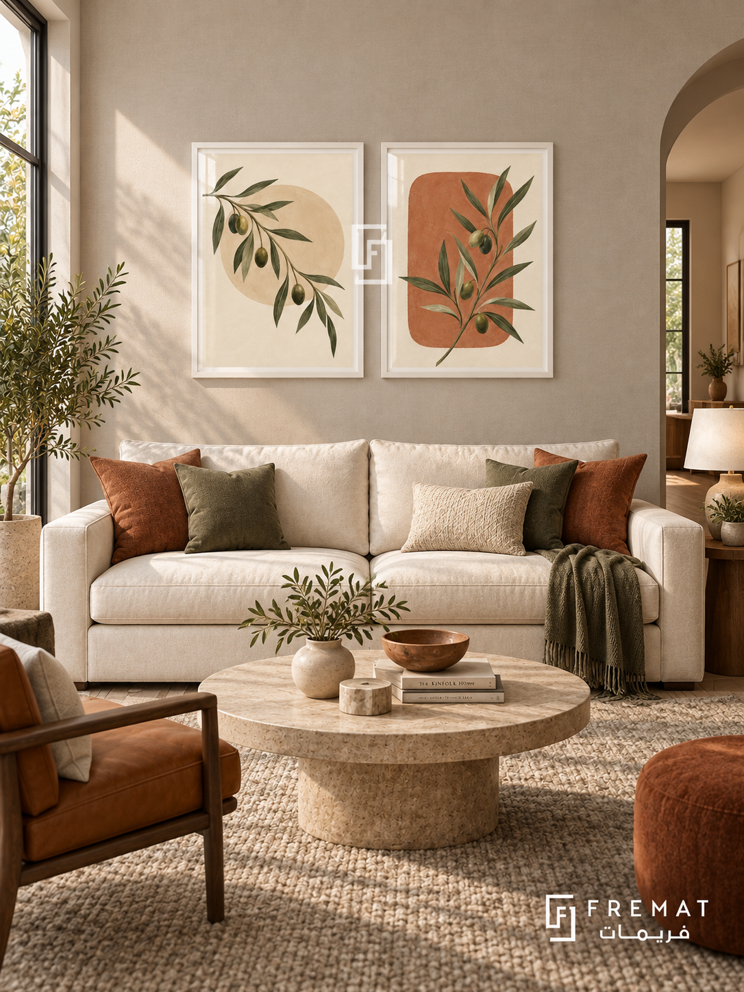 Olive Conversation — set of two boho artworks in White frames.