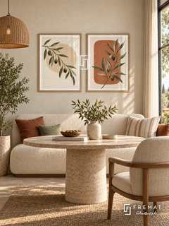 Olive Conversation — set of two boho artworks in Wooden Texture frames.