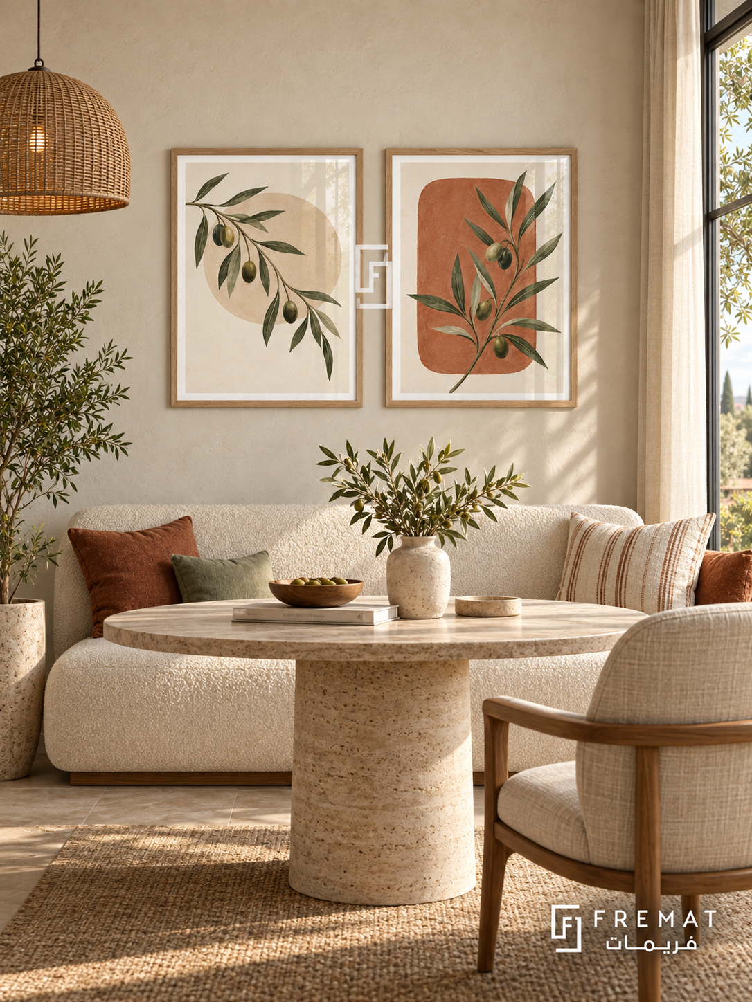 Olive Conversation — set of two boho artworks in Wooden Texture frames.