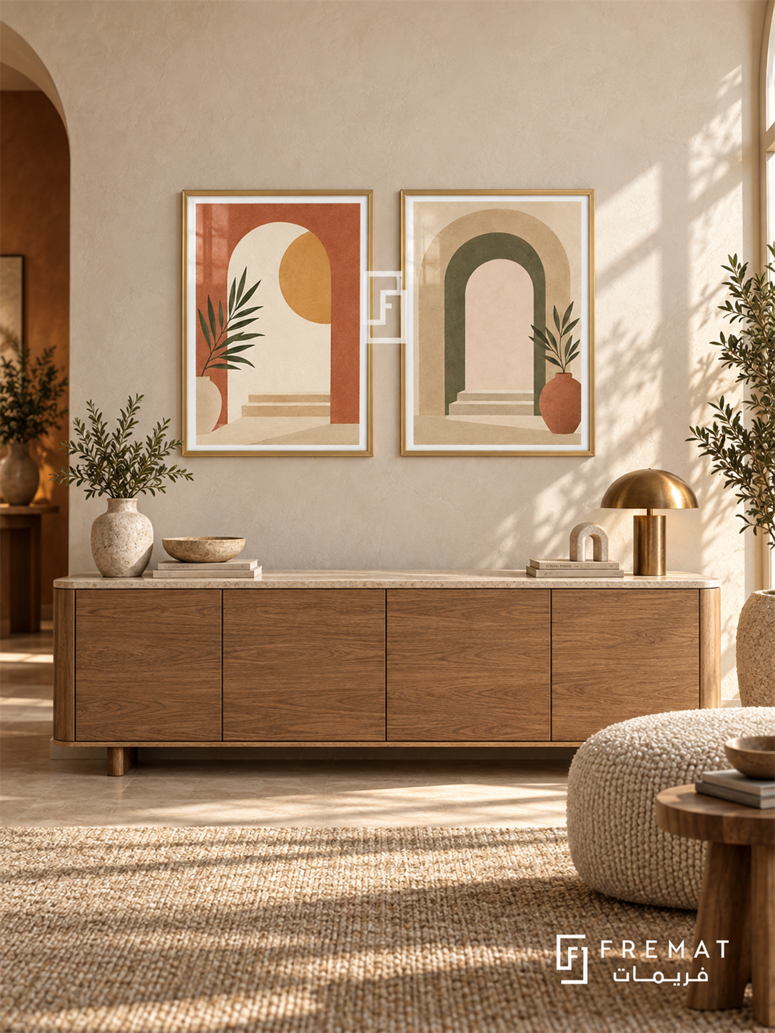 Sunlit Doorways — set of two boho artworks in Gold frames.