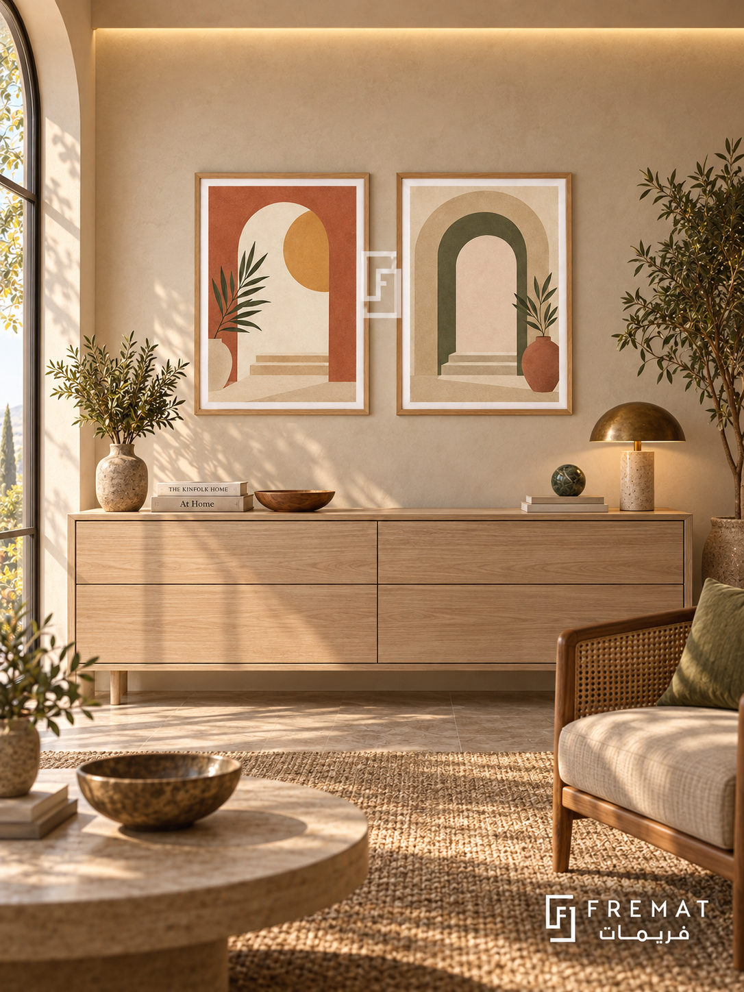 Sunlit Doorways — set of two boho artworks in Wooden Texture frames.