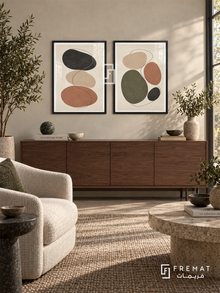 River Stones — set of two boho artworks in Black frames.