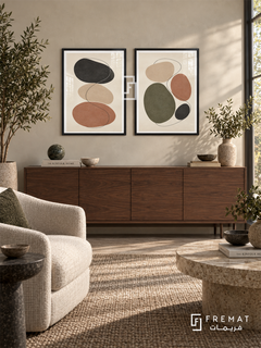 River Stones — set of two boho artworks in Black frames.