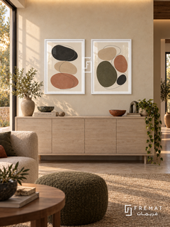 River Stones — set of two boho artworks in White frames.