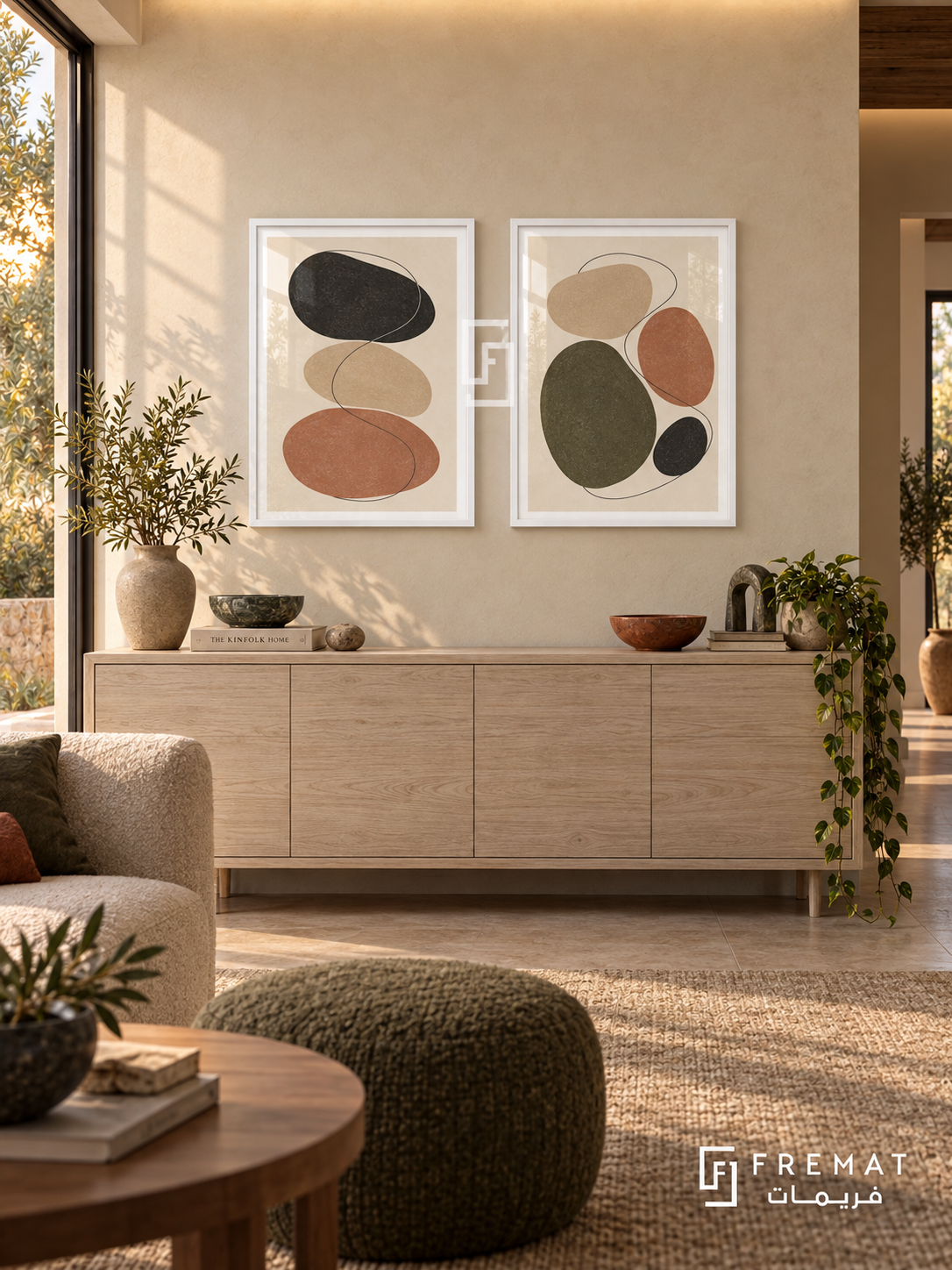 River Stones — set of two boho artworks in White frames.