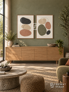 River Stones — set of two boho artworks in Wooden Texture frames.