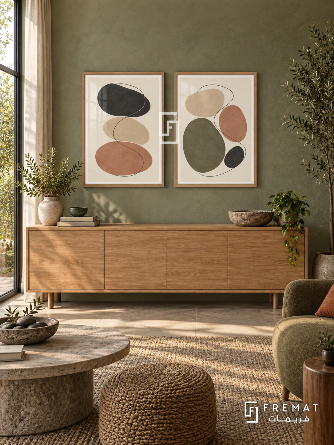 River Stones — set of two boho artworks in Wooden Texture frames.