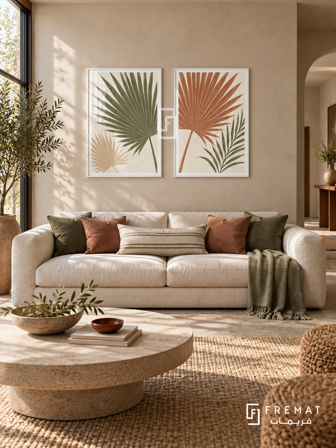 Palm Breeze — set of two boho artworks in White frames.