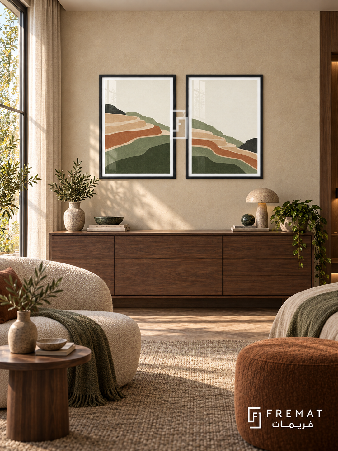 Terraced Earth — set of two boho artworks in Black frames.
