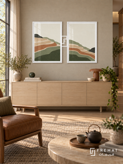 Terraced Earth — set of two boho artworks in White frames.