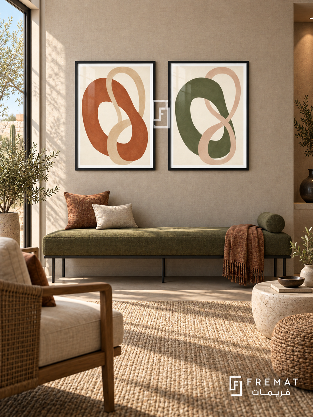 Soft Embrace — set of two boho artworks in Black frames.