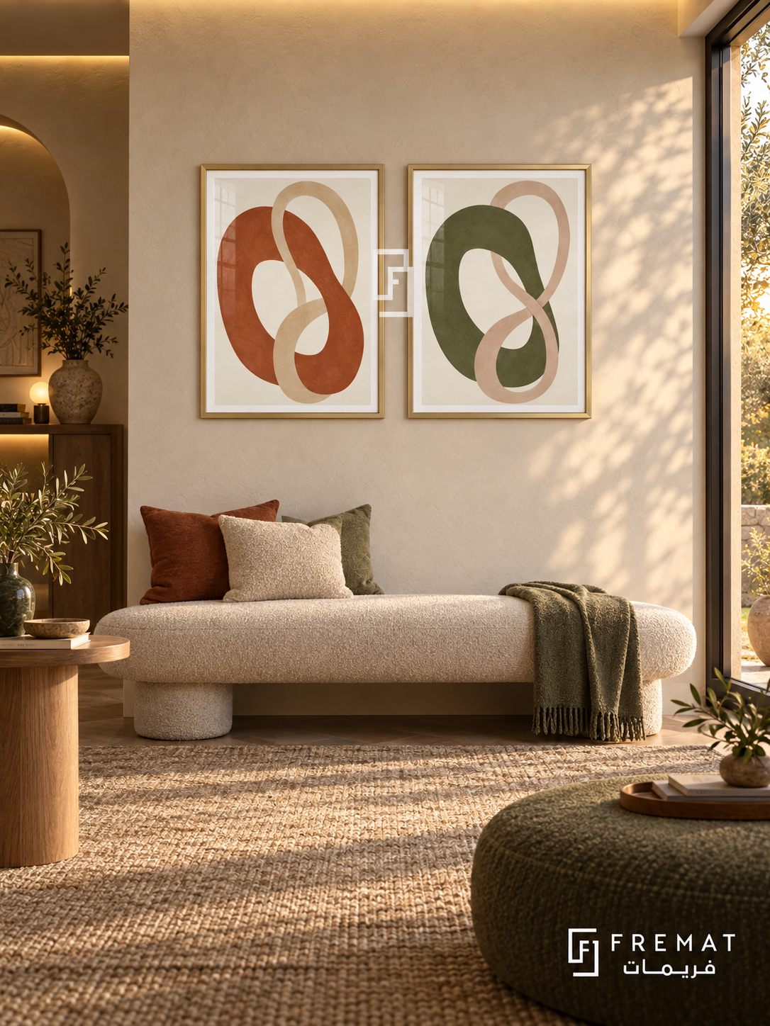 Soft Embrace — set of two boho artworks in Gold frames.