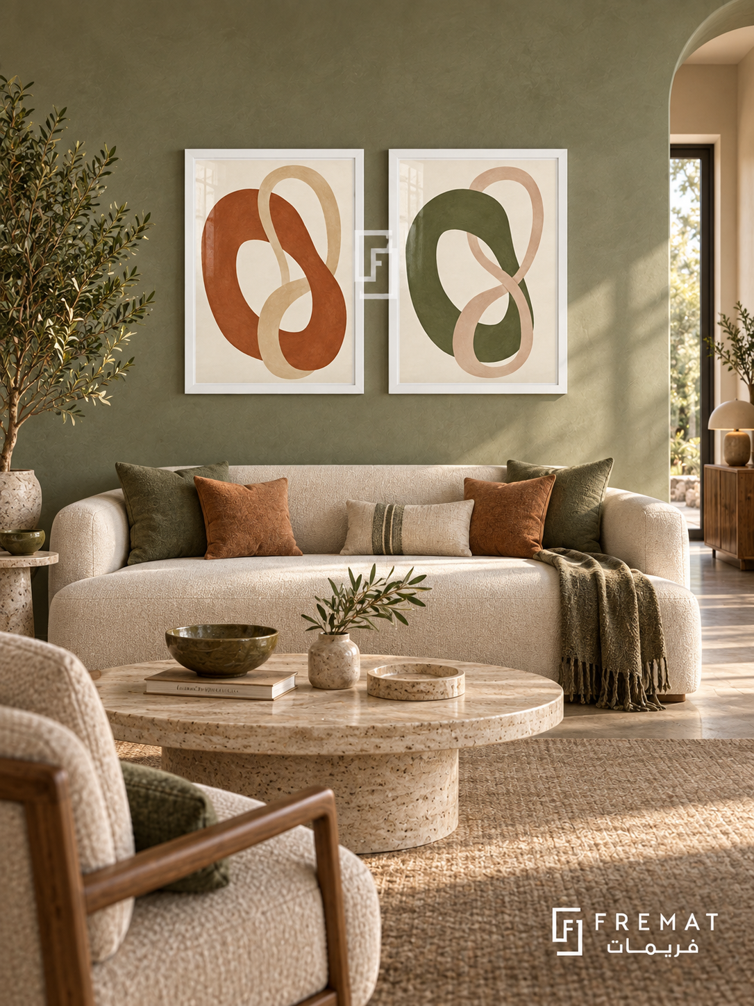 Soft Embrace — set of two boho artworks in White frames.