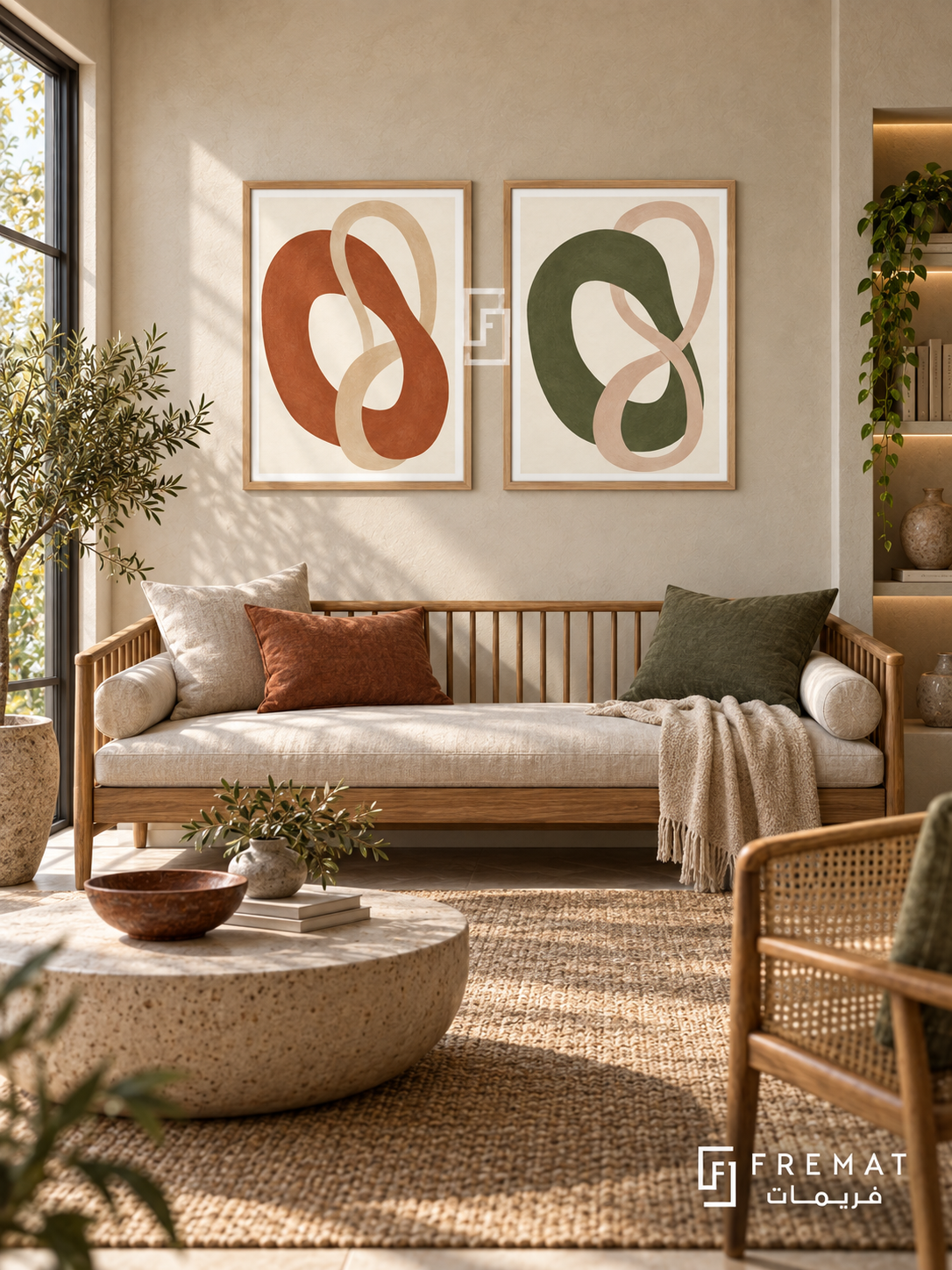 Soft Embrace — set of two boho artworks in Wooden Texture frames.