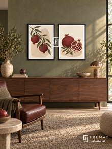 Pomegranate Garden — set of two boho artworks in Black frames.