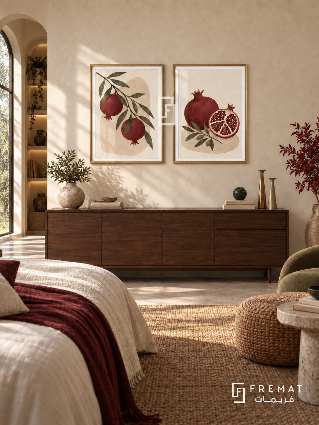 Pomegranate Garden — set of two boho artworks in Gold frames.