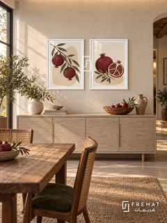 Pomegranate Garden — set of two boho artworks in White frames.