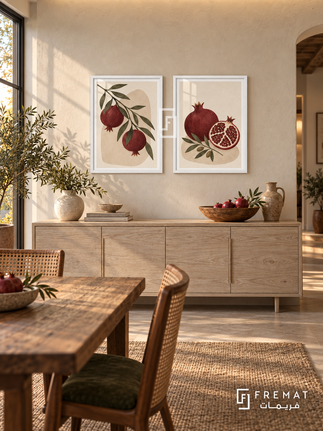 Pomegranate Garden — set of two boho artworks in White frames.