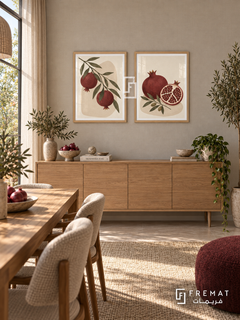 Pomegranate Garden — set of two boho artworks in Wooden Texture frames.
