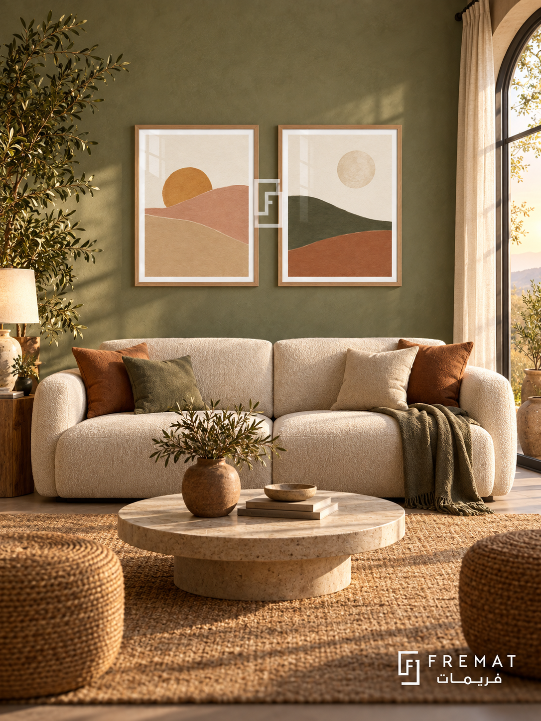 Dawn and Dusk — set of two boho artworks in Wooden Texture frames.