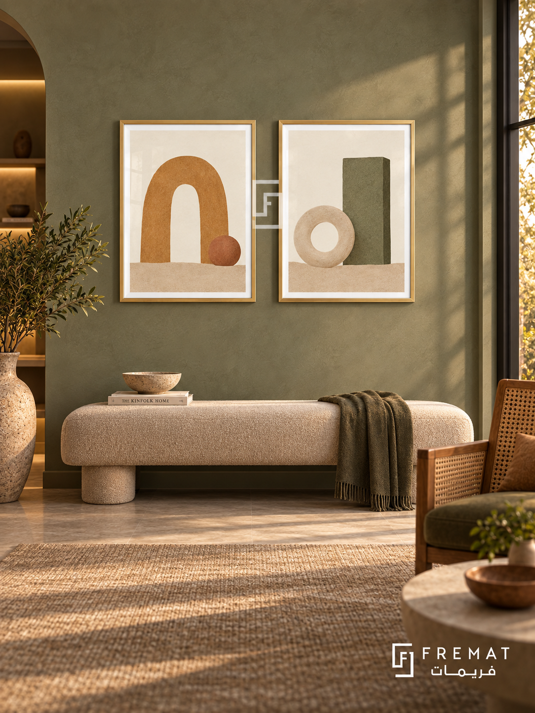 Sandstone Sculpture — set of two boho artworks in Gold frames.