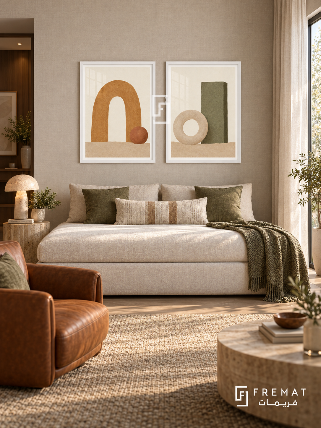 Sandstone Sculpture — set of two boho artworks in White frames.