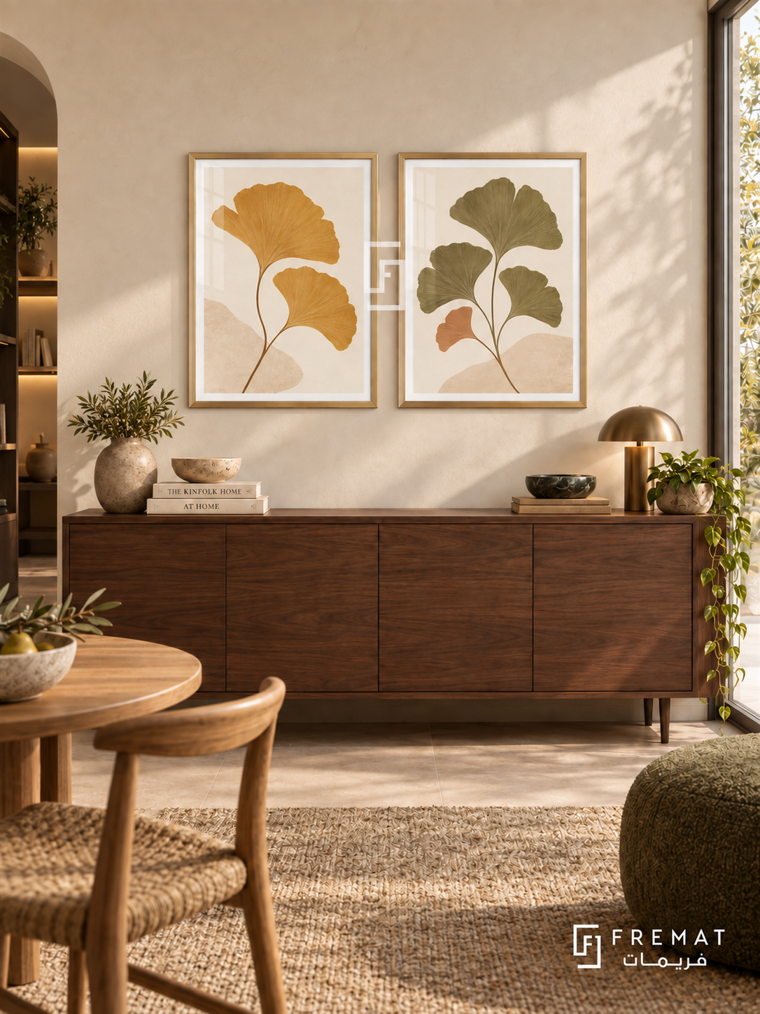 Ginkgo Echo — set of two boho artworks in Gold frames.