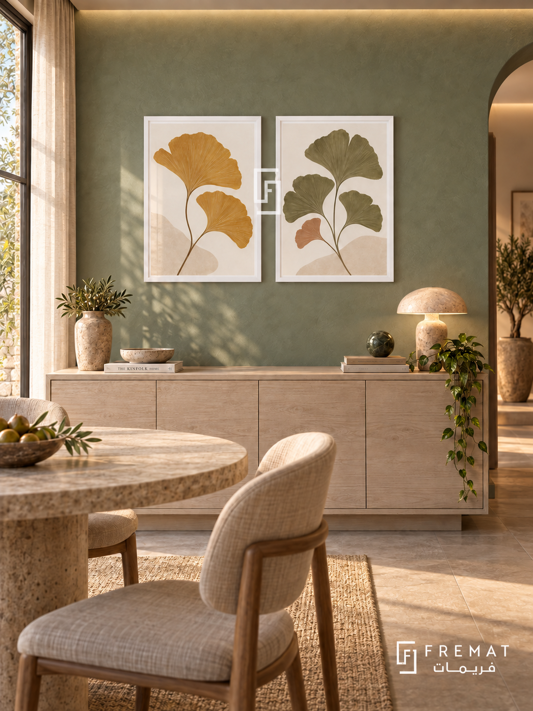 Ginkgo Echo — set of two boho artworks in White frames.