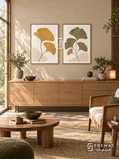 Ginkgo Echo — set of two boho artworks in Wooden Texture frames.