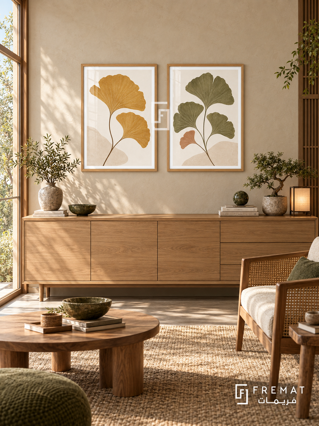 Ginkgo Echo — set of two boho artworks in Wooden Texture frames.