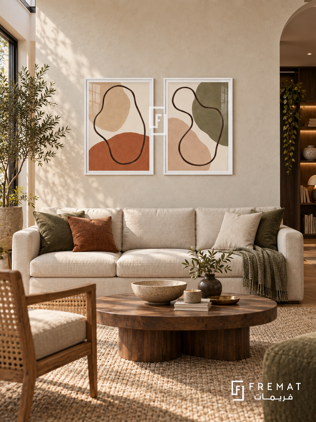 Earthbound Lines — set of two boho artworks in White frames.