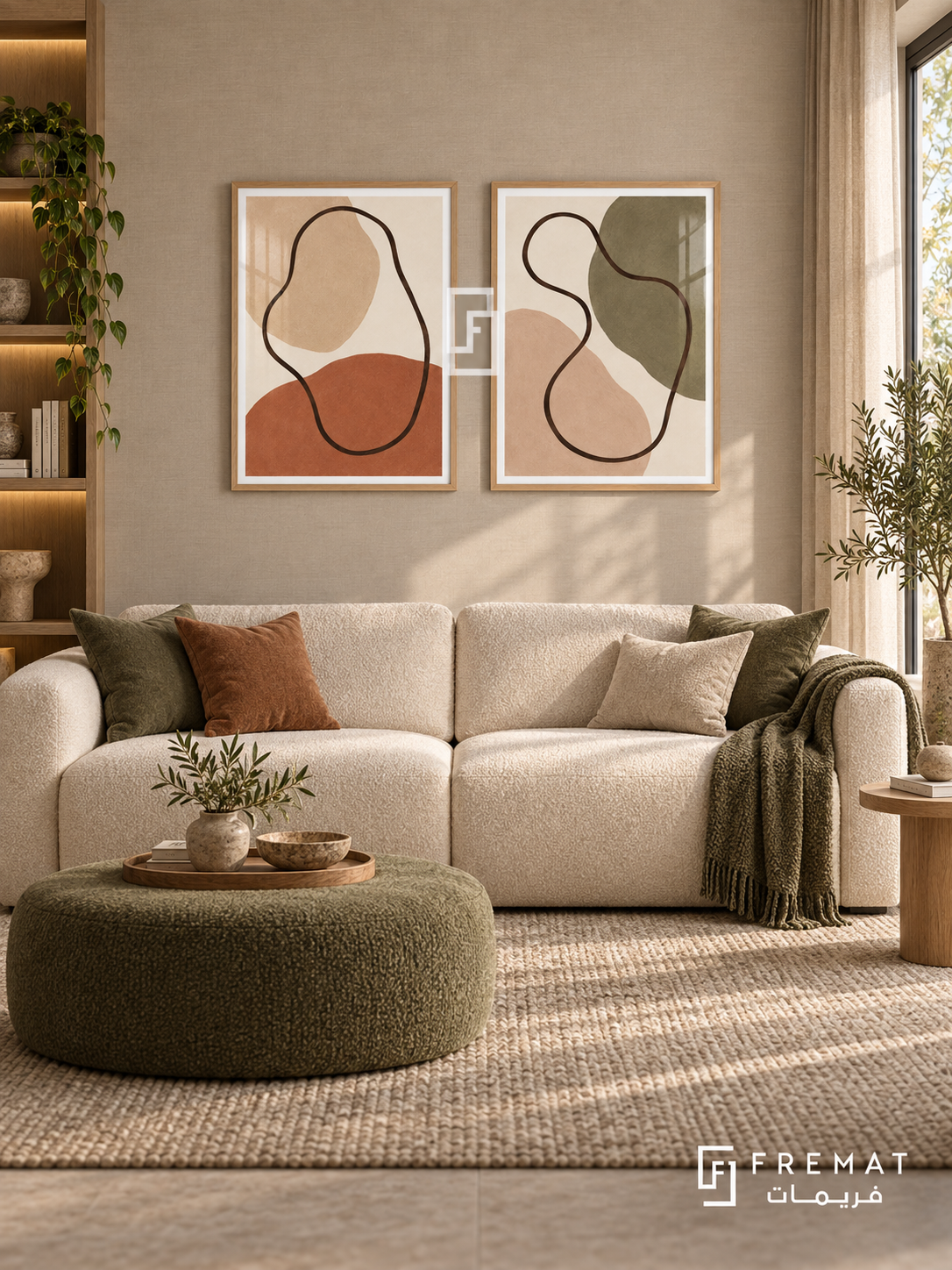 Earthbound Lines — set of two boho artworks in Wooden Texture frames.
