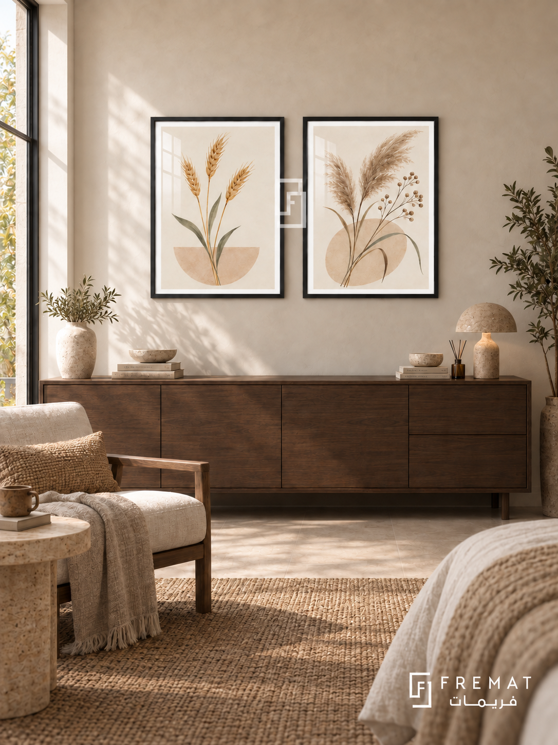 Harvest Stillness — set of two boho artworks in Black frames.