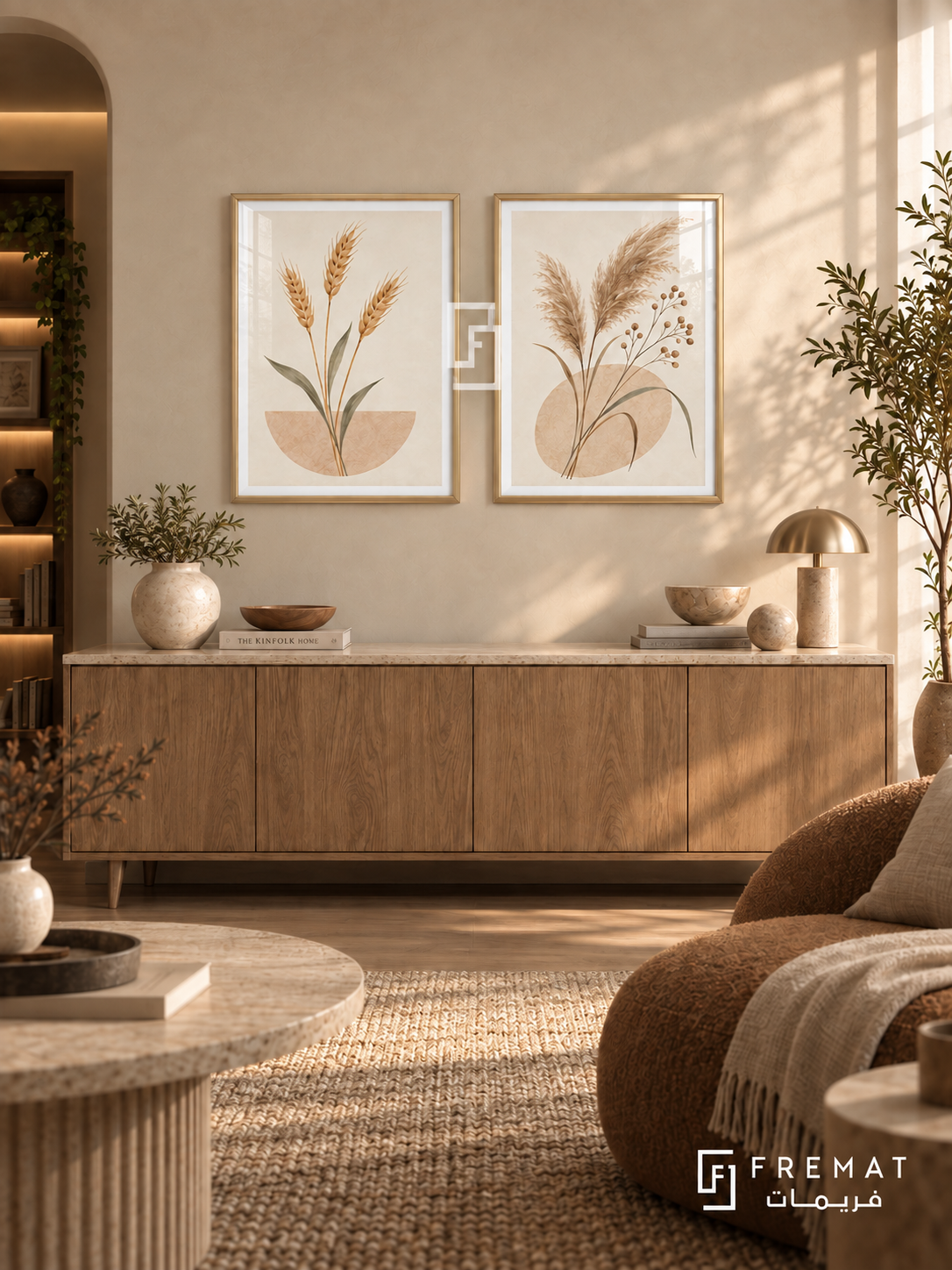 Harvest Stillness — set of two boho artworks in Gold frames.