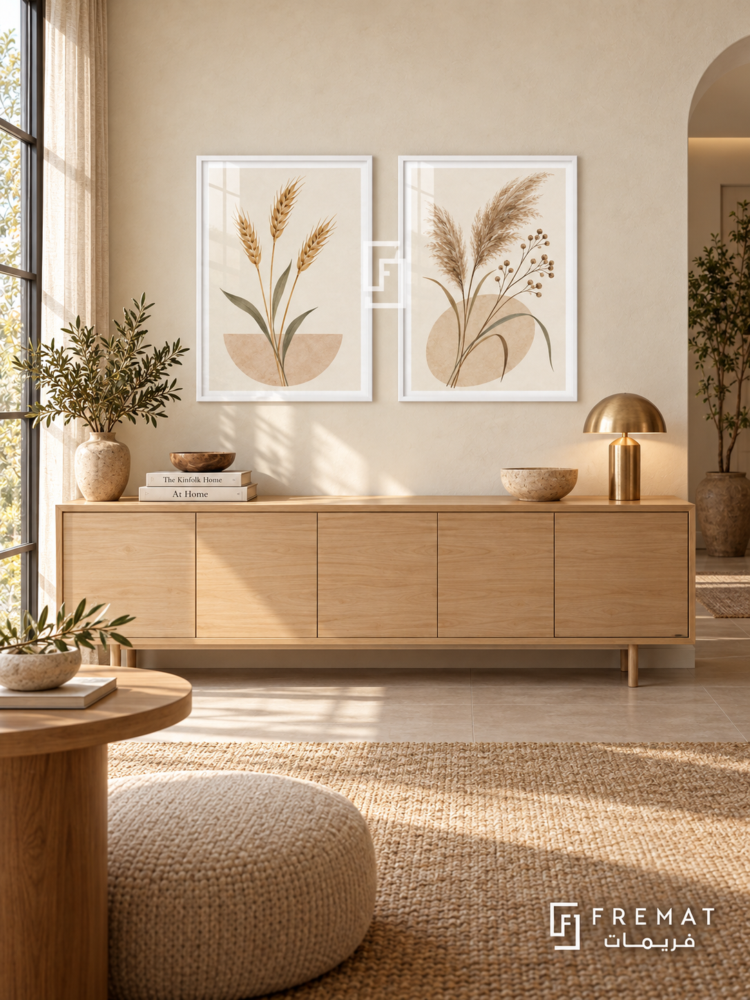 Harvest Stillness — set of two boho artworks in White frames.