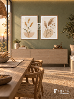 Harvest Stillness — set of two boho artworks in Wooden Texture frames.