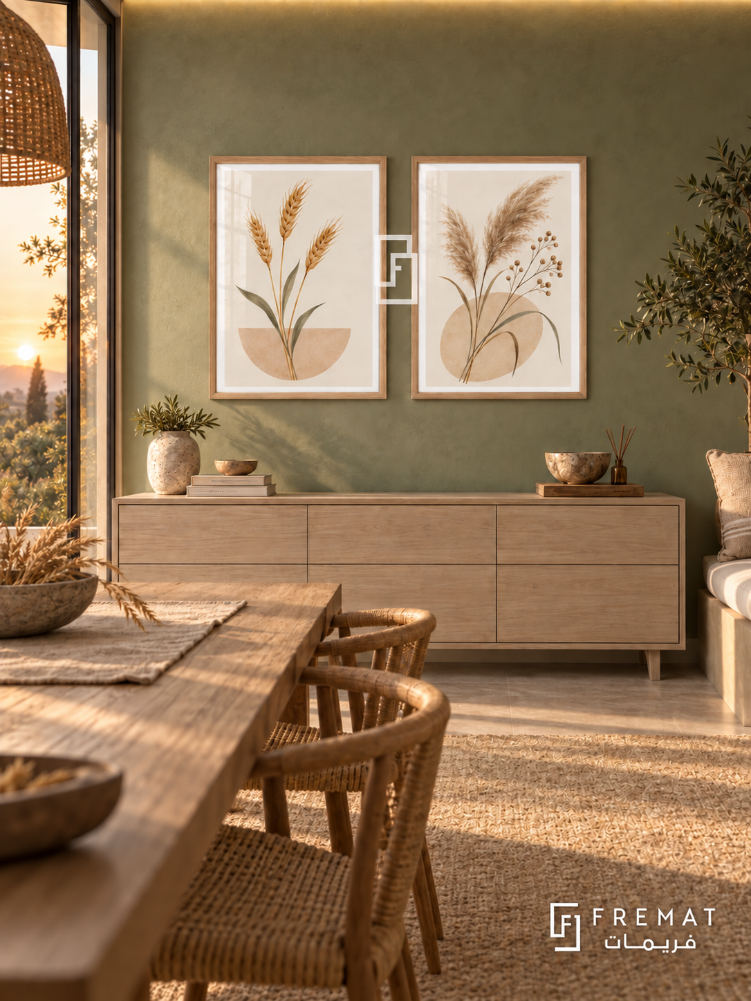 Harvest Stillness — set of two boho artworks in Wooden Texture frames.